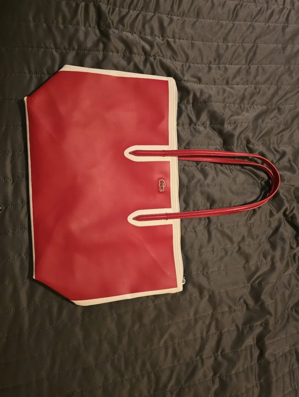Lacoste Red White Trim L.12.12 Concept Shopping Bag Large Zipper Tote Purse